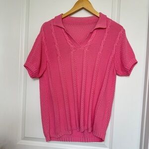 Vintage 80s Pink Knit Collared Sweater Top V Neck Short Sleeves Size Large